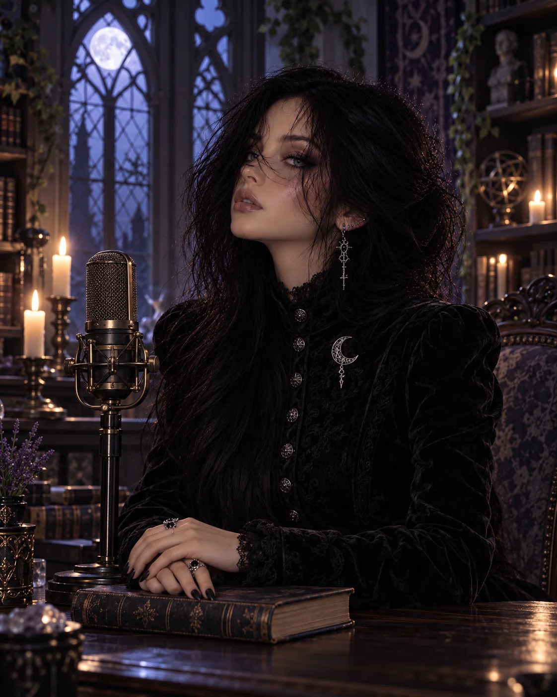 Astra’s character beside a vintage microphone in a candlelit recording library, wearing a black velvet jacket and silver crescent brooch.