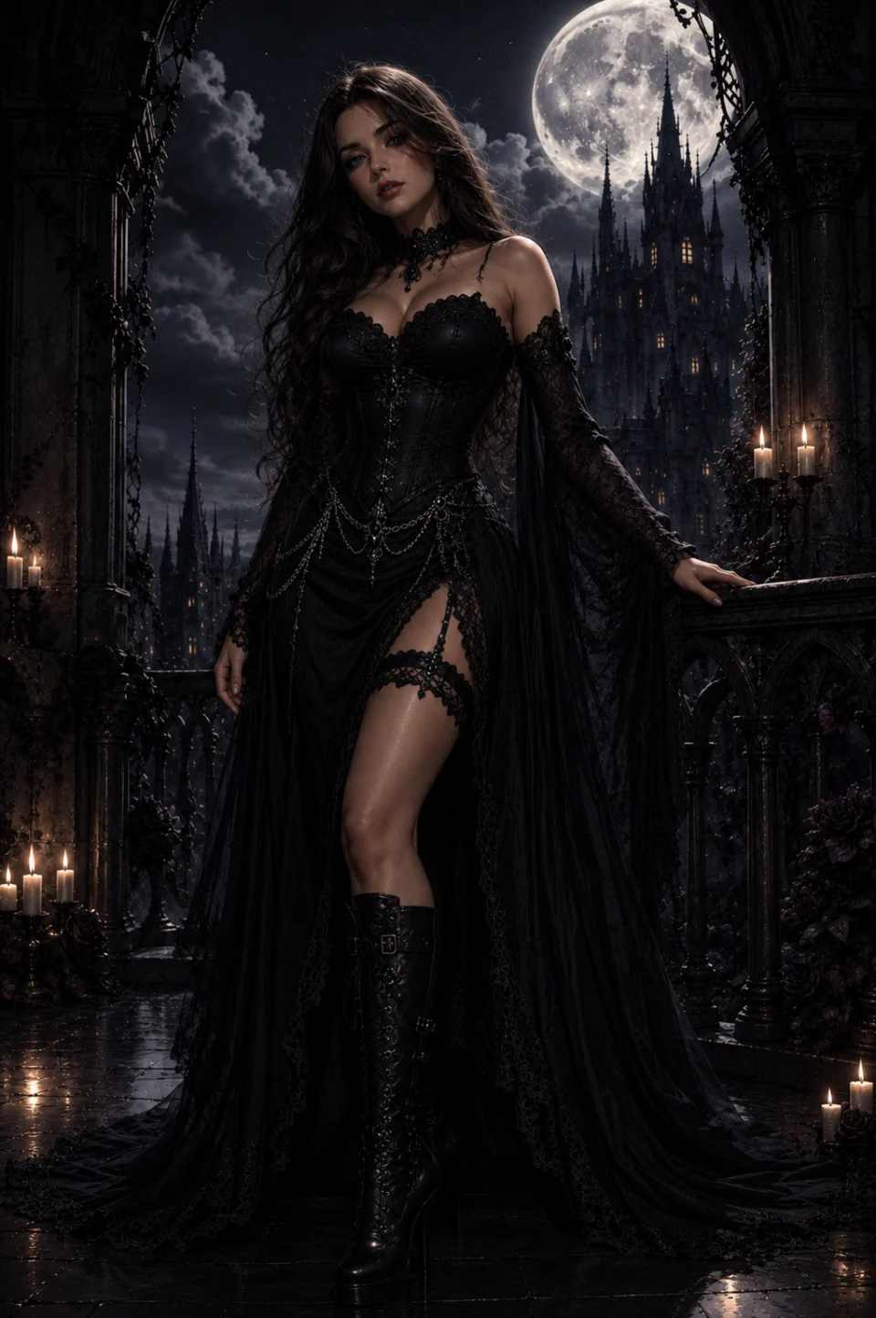Astra’s character in an elegant black gown on a moonlit castle balcony surrounded by candles.